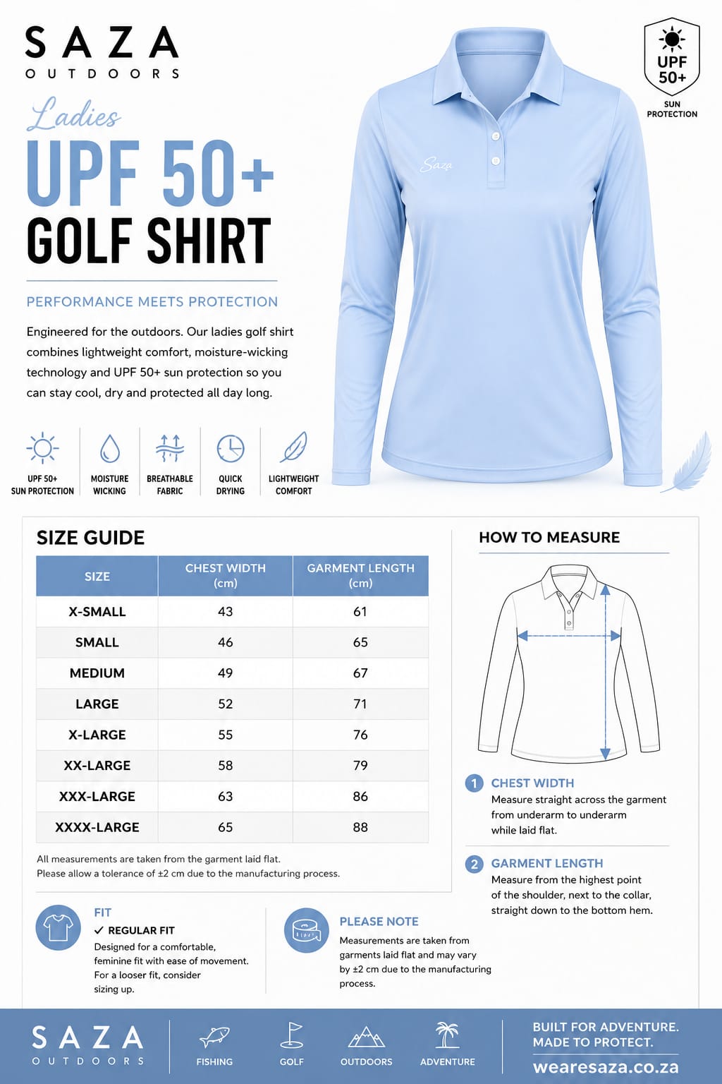 Ladies' UPF 50 plus golf shirt size chart