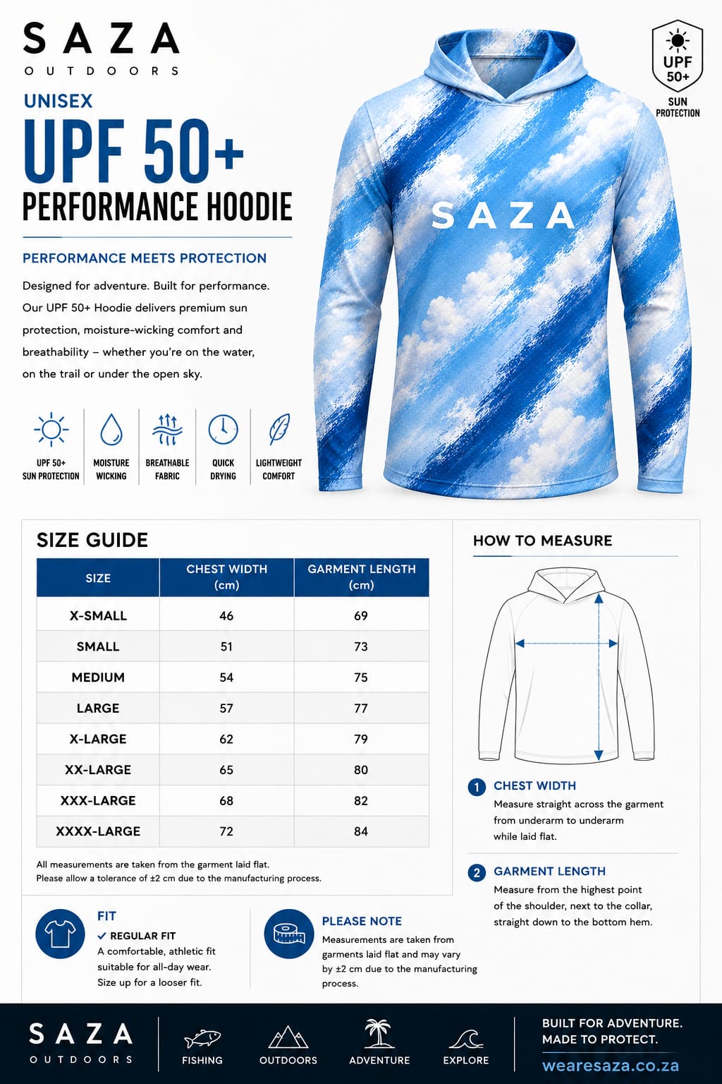 Unisex UPF 50 plus performance hoodie size chart