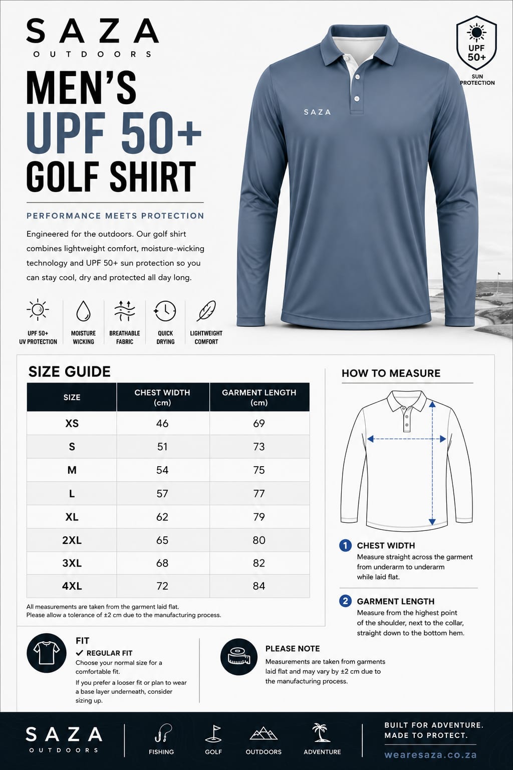 Men's UPF 50 plus golf shirt size chart